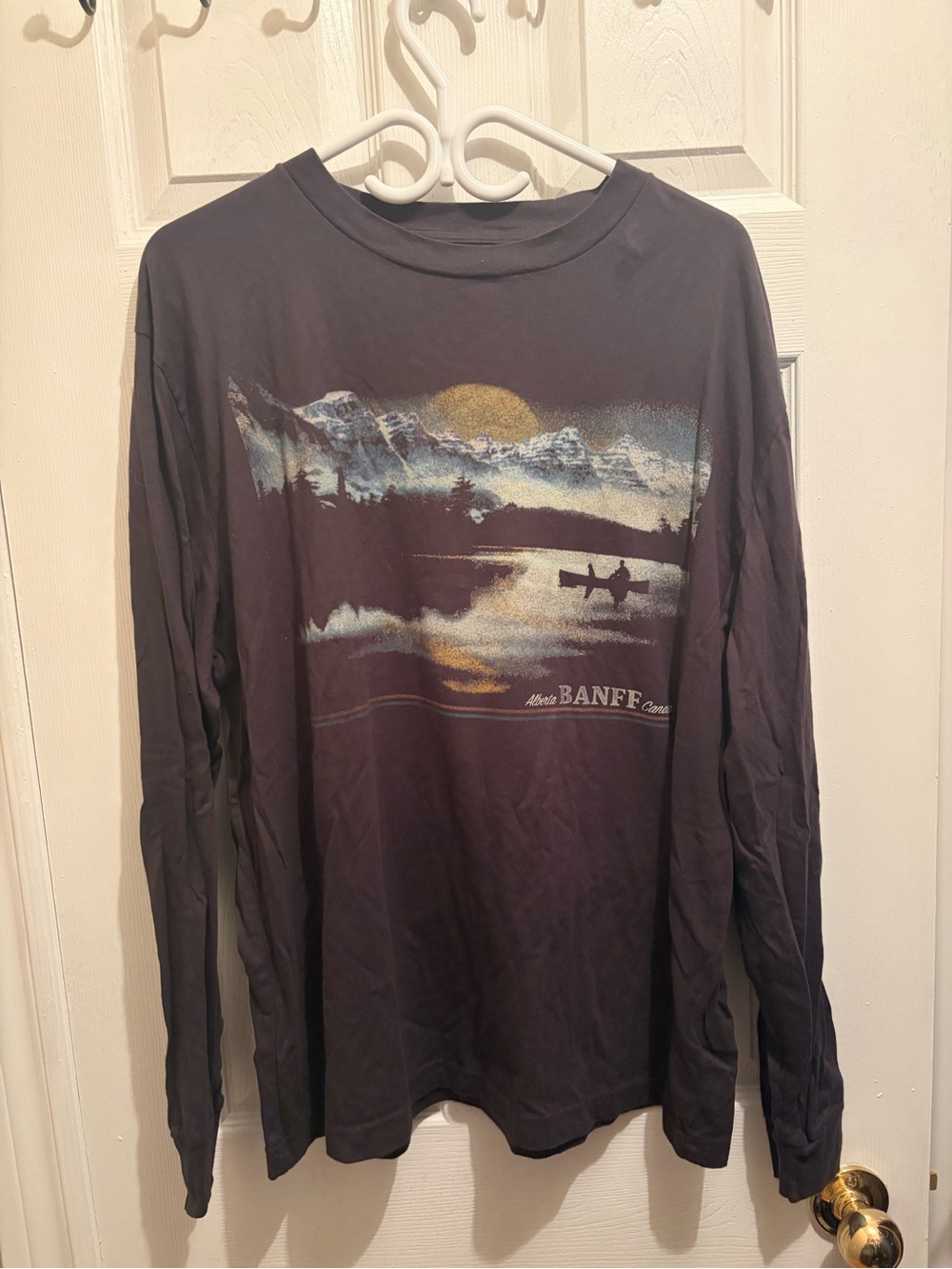 Hollister Charcoal Long-Sleeve Graphic Tee with Mountain Canoe Scene